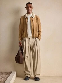AKNOTIC Chaqueta vaquera casual de manga larga con decoración metálica y cremallera delantera para hombre, otoño - Caqui - Ver 4