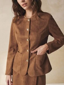 INAWLY 2 件套：法式优雅腰部收紧绒面革长袖上衣和裙子 - 棕色 - 查看 4