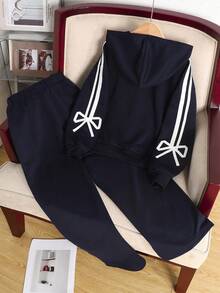 SHEIN Tween Girl Solid Color Knit Patchwork Ribbon Trim Hooded Cardigan And Wide Leg Pants Casual Outfit - Navy Blue - View 3