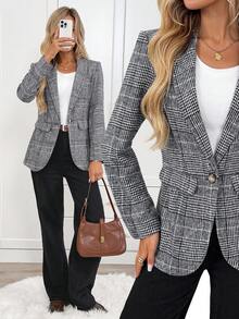 Easowa 女士休闲格子西装外套，秋冬季女士修身西装外套，女士秋季服装，秋冬服装，女士冬季服装，秋季服装，秋季服装，女士商务休闲装，格子图案时尚女士外套，时尚西装外套，女士冬季外套，休闲款 - 彩色 - 查看 4