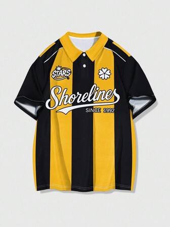 Prep Chemise polo décontractée à manches courtes avec rayures et lettres pour hommes