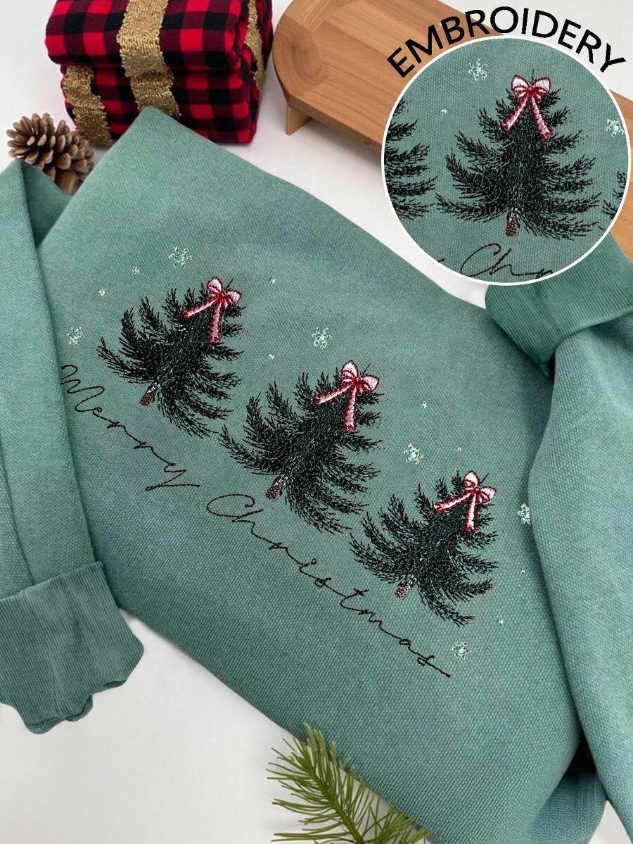 女士圣诞节刺绣圣诞树图案圆领运动衫 - 綠色 - 查看 1