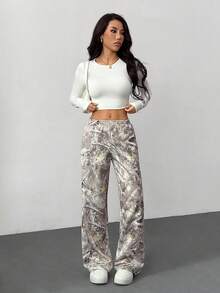 SHEIN PETITE Western Wear Women 's Branch Print Loose Sweatpants For Summer