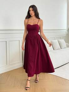 SHEIN Tall 优雅女士长款飘逸细肩带连衣裙，适合日常、约会、外出、夜总会、派对、秋季、女士夏季连衣裙、茶会连衣裙 - 酒紅色 - 查看 5