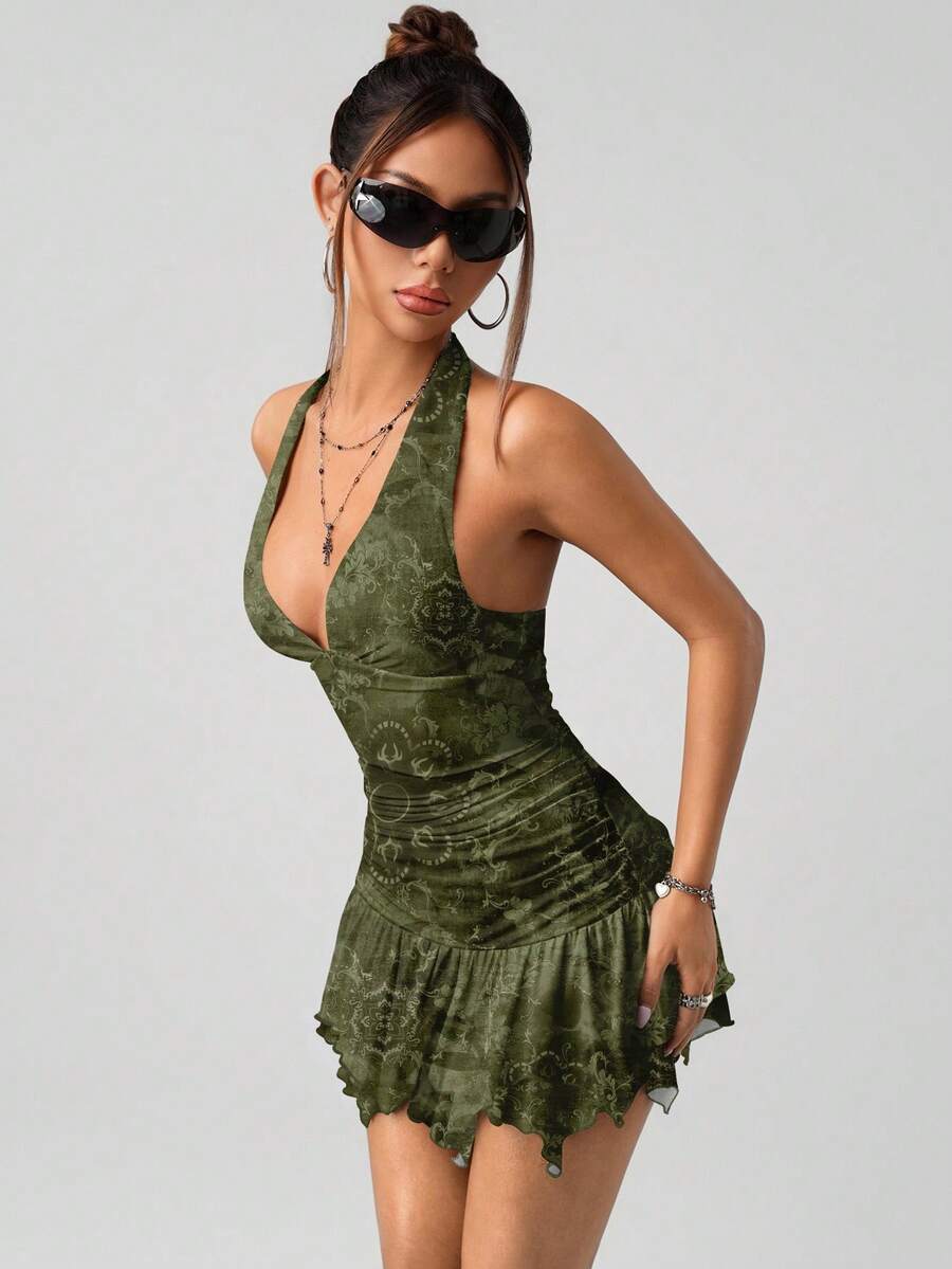 SHEIN ICON 露背复古勃艮第佩斯利印花紧身褶饰不对称下摆迷你连衣裙，波西米亚风时尚，俱乐部服装女性性感，Y2K，垃圾摇滚，哥特式网络符号主义，朋克和美学风格 - 橄欖綠 - 查看 1