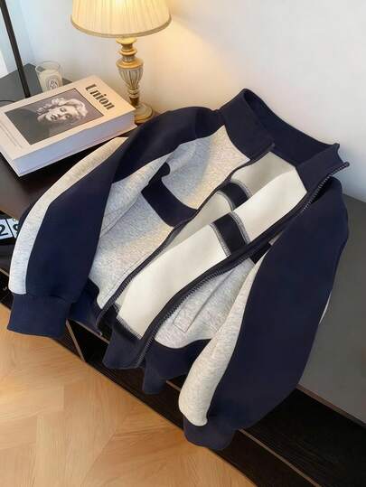INAWLY Women's Casual Pullover Sweatshirt With Thermal Lining, Color Block Design, Navy Blue, Autumn/Winter