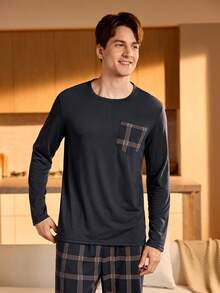 Manfinity Underwear&Sleepwear Basics 男士格子口袋长袖上衣和长裤家居服套装，秋冬服装，圣诞节