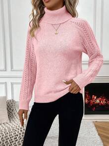 EMERY ROSE Women's Solid Color Hollow Out Raglan Sleeve Casual Pullover Sweater, Autumn/Winter - Pink - View 3