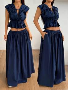SHEIN PETITE Women's Solid Color Tie Front Ruffle Hem Top And Skirt 2 Pieces Set ,Petite Women - Navy Blue - View 9