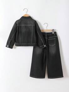 SHEIN 2 pièces Ensemble veste à col en jean noir et pantalon ample pour jeune garçon - Noir - Voir 2