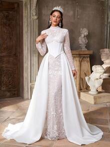 Aureia Elegant, Luxurious And Romantic White Mandarin Collar Long Sleeve French Lace And Chiffon With Pleated Satin Oversized A-Line Hem, Suitable For Weddings, Parties, Vacations, Graduations, Bridal Gowns