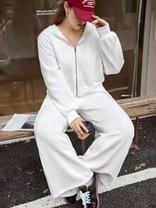 Calvaya Plus Size Casual Solid Color Short Hoodie And Wide Leg Pants Set - White - View 4