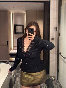 Flirla Blusa de manga larga elegante con cuello en V, encaje, parches y decoración de lentejuelas, de corte ceñido, para tallas grandes - Negro - Ver 5