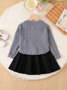 Young Girl Autumn/Winter Casual Commute School Style Bow Decor Cable Knit Cardigan And Pleated Skirt Set - Grey - View 3