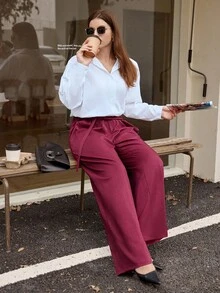 Calvaya Damen Große Größen Einfarbige Lose Elegante Plissee Weite Bein Hose - Bordeaux - Übersicht 5