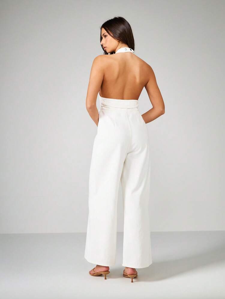 MISSGUIDED Halter Neck Tie Detail Full Length Jumpsuit Summer Resort Vacation Wide Leg Palazzo Elegant