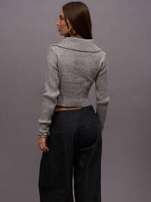 MUSERA 修身翻领拉链针织套头衫，适合冬季夜间外出、街头风、返校季、可爱性感、无领口、晚宴派对等场合，优雅百搭。 - 淺灰色 - 查看 4