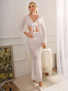 2件套浪漫蕾丝女士性感迷你裙套装 - 白色 - 查看 5