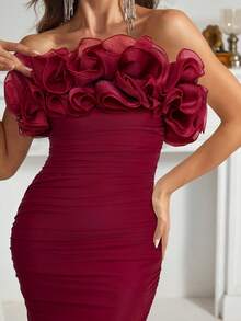 SHEIN Belle Women's Elegant Ruffle Layered Fitted Bandeau Dress, Suitable For Party - Burgundy - View 4