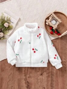 Elladie kids 甜美可愛蝴蝶結毛絨拉鍊外套，適合小女孩休閒外出，春/秋/冬童裝女款草莓女孩毛衣披肩 - 白色 - 查看 6