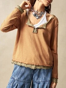 Bohemela Áo thun nữ cổ tròn tay dài họa tiết khối màu đơn giản - Màu nâu  Mocha - Xem 2