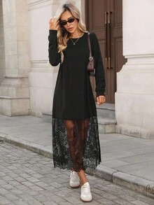 Easowa 女士休闲蕾丝拼接长袖中长连衣裙，适合派对、聚会、秋季穿着，黑色连衣裙，蕾丝连衣裙，黑色蕾丝连衣裙，女士黑色休闲连衣裙 - 黑色 - 查看 6