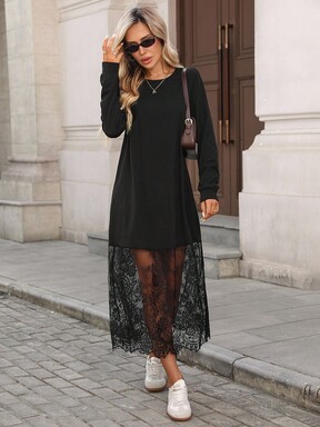 SHEIN LUNE Robe mi-longue décontractée pour femmes avec patchwork en dentelle et manches longues. Tenue de fête pour femmes. Robe noire d'automne pour femmes. Robe en dentelle noire, robe noire pour femmes.