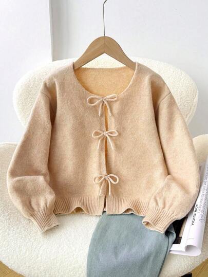 SHEIN Young Girl Tween Girl Teen Girl BASICS Casual Bow Decor Solid Color Round Neck Long Sleeve Loose Cropped Cardigan Sweater, Warm Comfort, Cozy Chic, Daily Commute Autumn Winter,Mom And Daughter Matching,Family Vocation,Halloween.Back To School,Home Wear.Cute,Vintage,Elegant. Fall