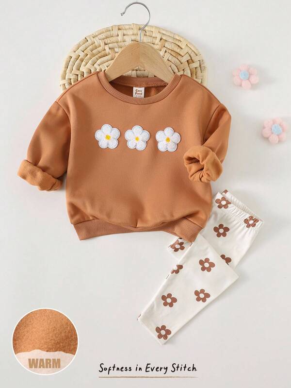 Cozy Pixies 2-częściowy zestaw bluzy z długim rękawem i okrągłym dekoltem dla dziewczynki z haftowanymi kwiatami i elastycznym pasem, z nadrukiem kwiatowym, odpowiedni na zimę, jesień, powrót do szkoły, Boże Narodzenie i Halloween