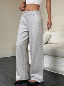 Flirla Petite 女士时尚畅销长裤，灰色，四季皆宜，适合办公室、学校等场合，简约优雅侧袋直筒休闲裤 - 灰色 - 查看 5