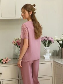Lace Patchwork Sheer Short Sleeve Top With Pants Women Pajama Set Lounge Set - Dusty Pink - View 7