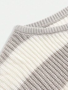 SHEIN Teen Girls Casual Striped Knit Sweater, Minimalist & Fashionable, Suitable For Everyday Wear, Autumn/Winter Cute Tops Cropped Sweater Sweater Off Shoulder Top Striped Sweater - Khaki - View 3