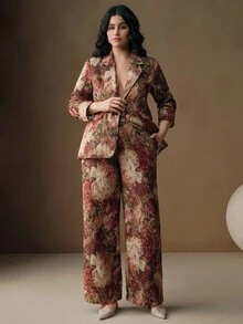 Anewsta 复古花卉随机图案腰部收紧修身大码女式西装外套 - 彩色 - 查看 4