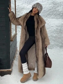 Muchica Women's New Brown Long Faux Fur Collar Coat, Winter