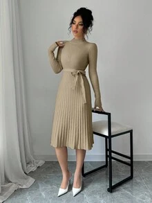 Elenzga 女式纯色立领长袖系带优雅简约 A 字针织连衣裙，秋冬 - 卡其色 - 查看 3