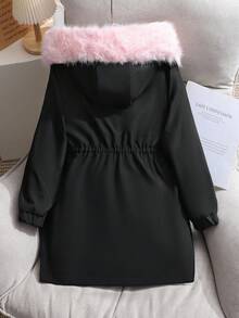 SHEIN 少女时尚加厚保暖内衬优雅简约时尚毛领长款户外外套，适合秋冬季节、派对等场合，卡其色 - 黑色 - 查看 2