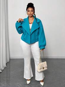 Maweii 大码女式休闲纯色翻领双排扣短款外套，秋季款 - 藍色 - 查看 6