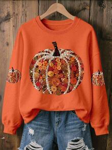 EMERY ROSE Plus Size Women Halloween Pumpkin Graphic Crew Neck Long Sleeve Comfortable Colorful Sweatshirt, Halloween Gift - Orange - View 1