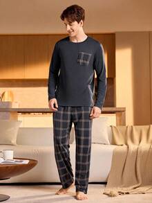 Manfinity Underwear&Sleepwear Basics 男士格子口袋长袖上衣和长裤家居服套装，秋冬服装，圣诞节