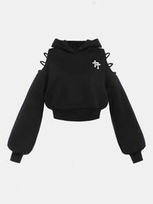 SHEIN 少女露肩交叉耳饰卫衣，保暖内衬，纯色舒适秋冬款式，适合秋冬日常穿着、街头风、居家休闲。长袖卫衣，适合日常穿着、庆祝活动、秋冬季节，轻松舒适，秋冬叠穿，时尚百搭。 - 黑色 - 查看 4