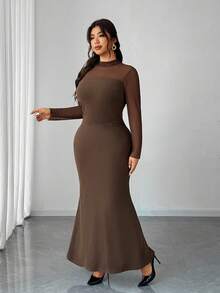 Elenzga Vestido de talla grande para mujer, elegante y romántico, con parches de tela, cuello alto, ajustado a la cintura y con bajo de cola de pez, para primavera/otoño - Café integral - Ver 3