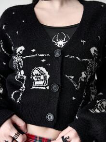 ROMWE Goth 哥特风骷髅提花短款针织开衫，V领纽扣开衫，暗黑美学万圣节开衫 - 黑色 - 查看 2