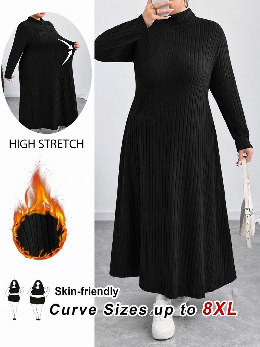 SHEIN CURVE+ 大码女式秋冬罗纹高领长袖A字针织连衣裙