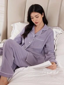 SHEIN 2 件套青少年女孩都市简约翻领前口袋长袖上衣和裤子休闲睡衣套装女士长袖睡衣套装白色滚边睡衣套装纽扣睡衣套装女士睡衣紫色睡衣套装女士睡衣紫色睡衣 - 淡紫色 - 查看 5