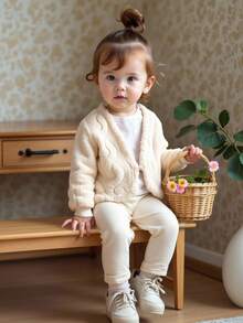 Baby Girls' Casual All-Match Versatile Homewear & Outerwear, Ribbed Knit Striped Fleece Cardigan, Autumn/Winter - Apricot - View 9