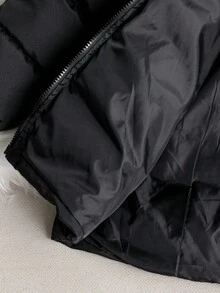 Unisex Mid-Long Hooded Winter Jacket With Printed Back, Detachable Hood, Pockets And Zipper, Polyester Outerwear Suitable For Daily Outings, Outdoor And Cold Snowy Weather In Winter - Black - View 4