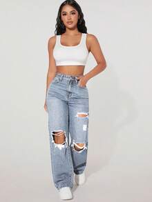 SHEIN PETITE Women's Casual Fashion Street Distressed Loose Straight Leg Jeans - Blue - View 5
