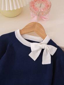 Young Girl Casual Knit Dress With Bow Decor, Autumn/Winter - Navy Blue - View 4