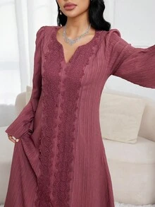 Al Najma 女款優雅套裝休閒端莊菲律賓風純色蕾絲拼接喇叭袖阿拉伯式長裙，適合約會、冬季正式場合、洗禮賓客，粉紅色 - 淺灰紫 - 查看 4
