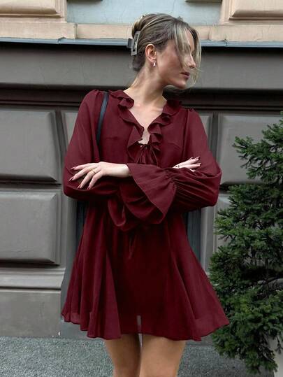 Pariaura Vestido de mujer elegante y minimalista de cuello en V de unicolor